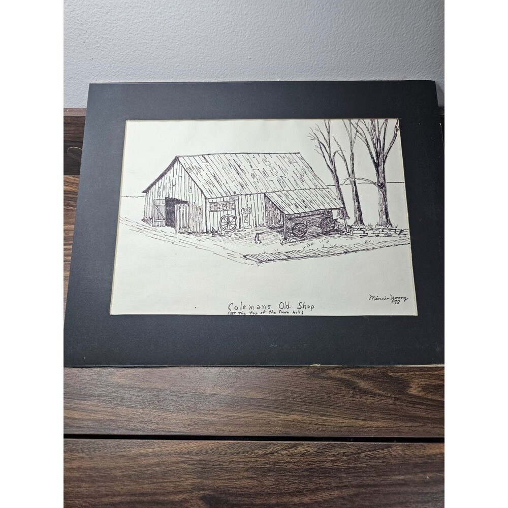 Vintage 1978 Minnie Young Colemans Old Shop Pen Ink Drawing Rustic Art
